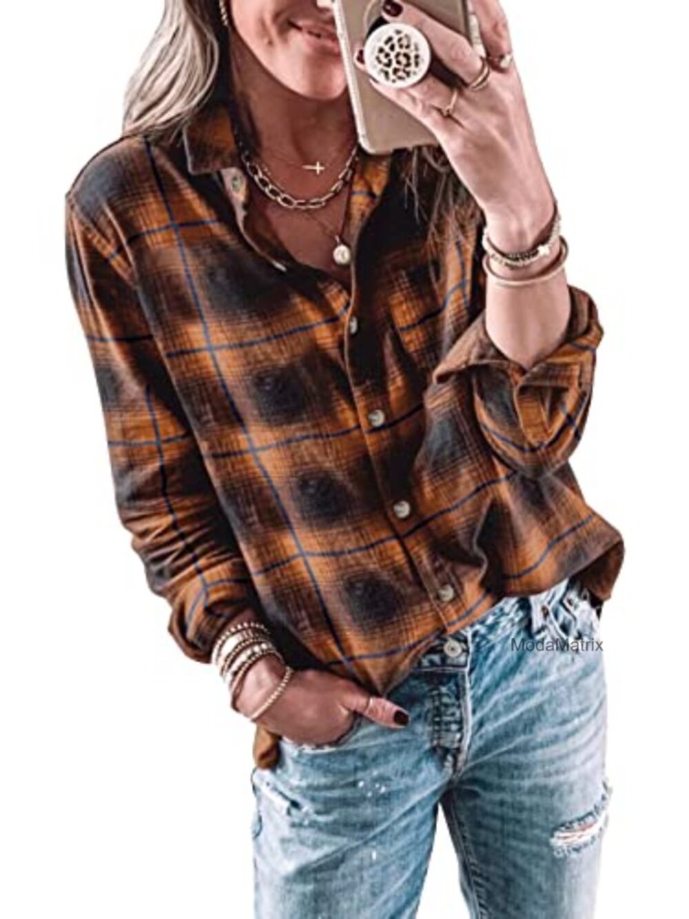 Womens Long Sleeve Button Down Plaid Flannel Shirt Casual Soft Top